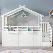 Letto a castello per bambini - Zephmum - Con protezioni, armadio, cassetti, tessuto a righe, bianco+verde, 90x200cm