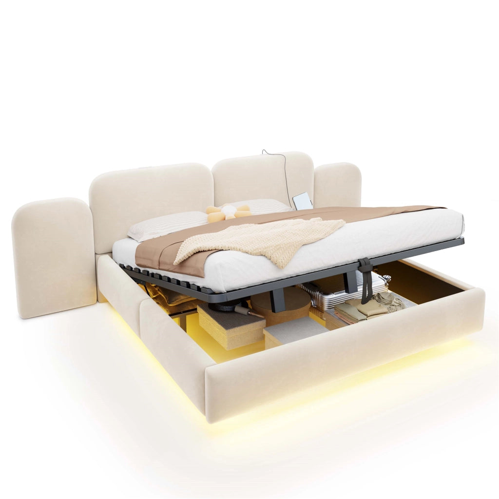 Letto imbottito 180x200 cm con contenitore idraulico; LED RGB; USB e Tipo C; velluto beige