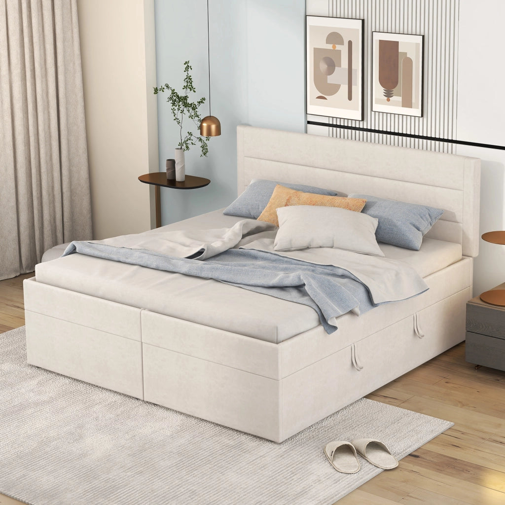 LETTO Matrimoniale 140x200 cm Beige con contenitore e rete sollevabile