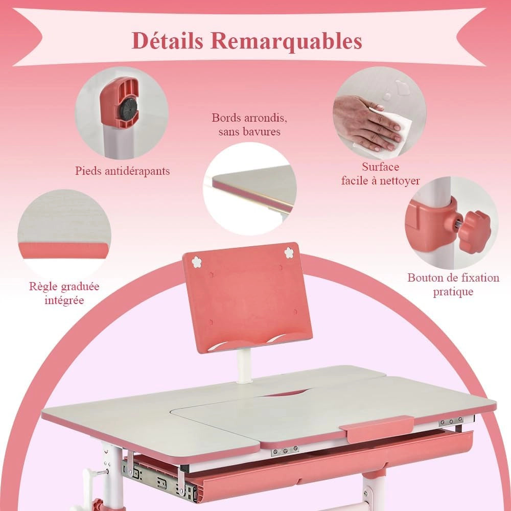 Scrivania per bambini, tavolo per bambini, altezza regolabile, grande vassoio inclinabile a 7 livelli, cassetto portaoggetti, 80 x 51,5 x 51-73 cm, per studio, lettura, disegno, regalo per