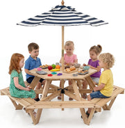 Tavolo Esagonale da Picnic per Bambini 3+ Anni con 6 Panche | Tavolino in Legno Massello con Ombrellone Rimovibile e Regolabile per Giardino, Balcone e Cameretta