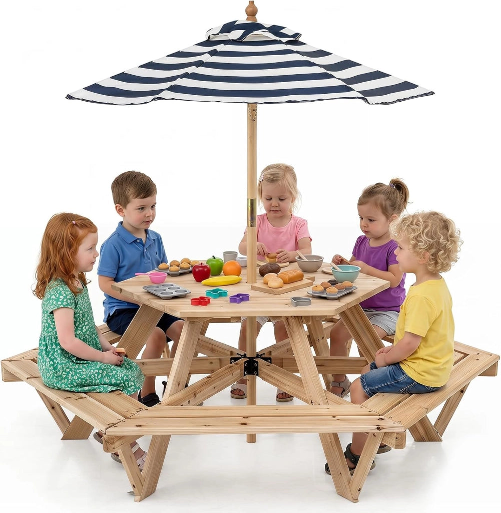 Tavolo Esagonale da Picnic per Bambini 3+ Anni con 6 Panche | Tavolino in Legno Massello con Ombrellone Rimovibile e Regolabile per Giardino, Balcone e Cameretta