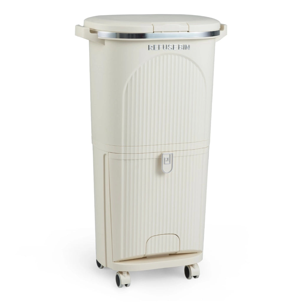 Pattumiera 38l cucina coperchio bidone 2 secchi rimovibili, Pattumiera pedale pratica passo e ruote resistenti Beige-Organizzazione della cucina