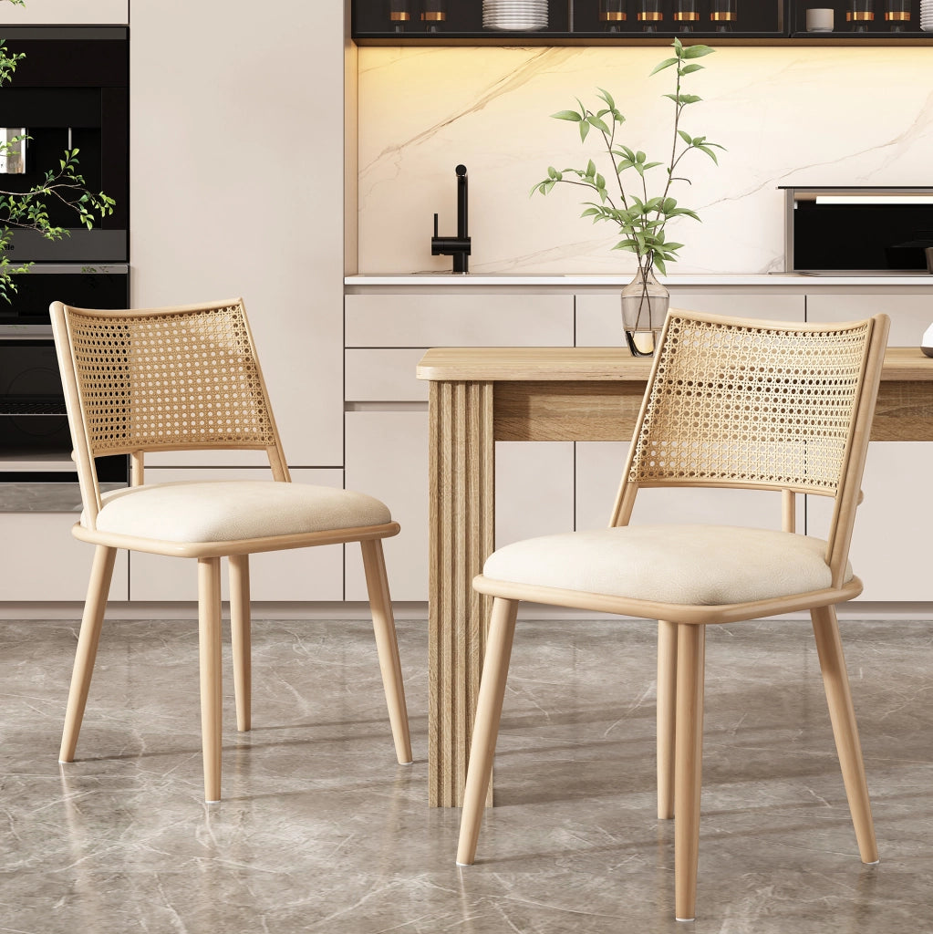 Set di 6 sedie da pranzo in rattan con seduta in PU; beige
