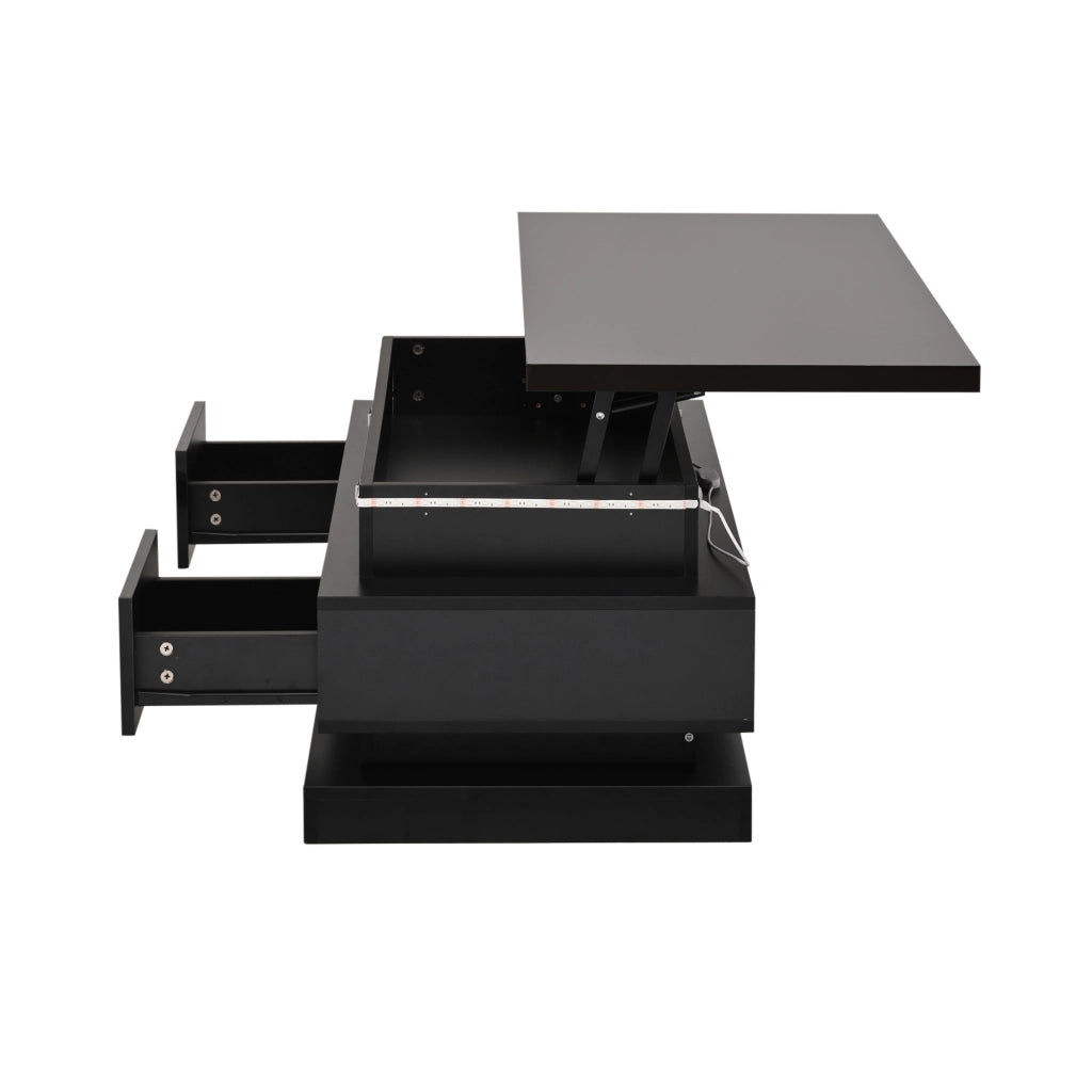 Tavolino basso sollevabile con LED, 2 cassetti e vano contenitore nascosto, per soggiorno, nero, 100 × 50 × 40 cm