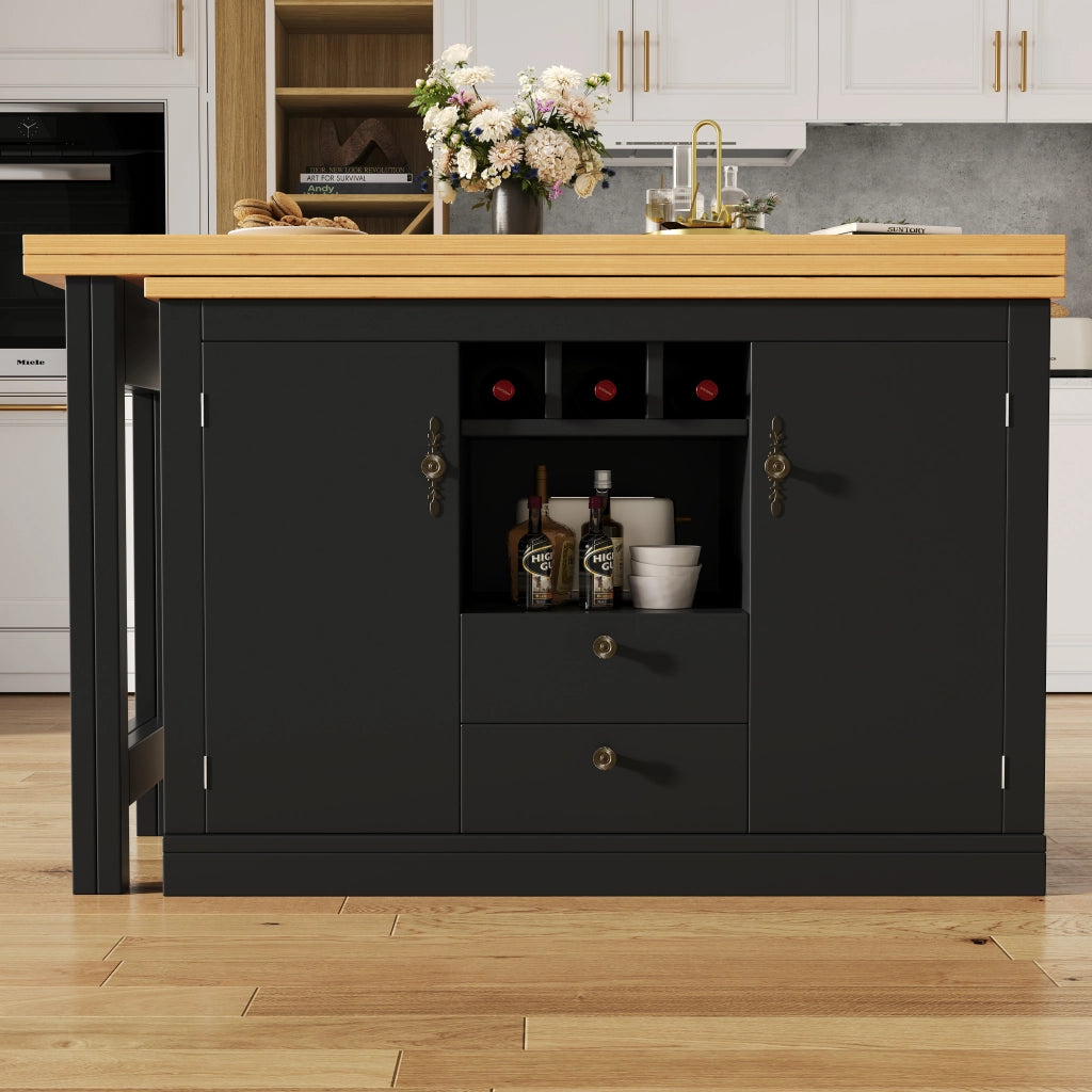 TAVOLO BAR ESTENSIBILE 120-180 CM MDF NERO CON RIPIANI E PORTABOTTIGLIE