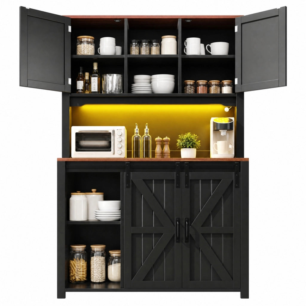 Credenza da cucina alta 115 x 40 x 174,7 cm con ripiani regolabili, ante scorrevoli e illuminazione LED
