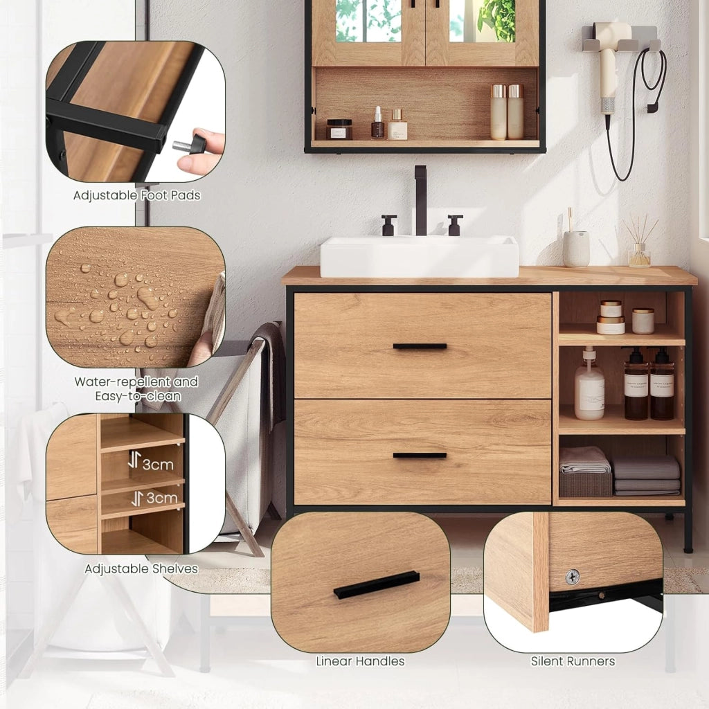 Mobiletto Bagno, Mobiletto Portaoggetti, Mobile Sottolavello da Bagno con 2 Cassetti e 3 Vani a Giorno, Struttura in Metallo, Rovere Chiaro - Nero, 90x30x60 cm
