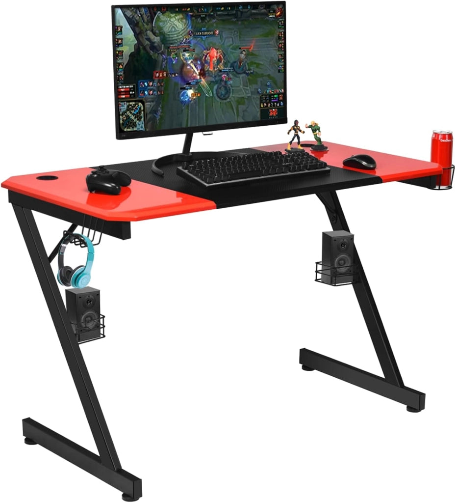 Scrivania da Gaming, Scrivania per Computer Ergonomico, con Porta Bicchiere, Gancio per Cuffie, Superficie in Fibra di Carbonio e Supporti Audio, 120 x 60 x 77 cm