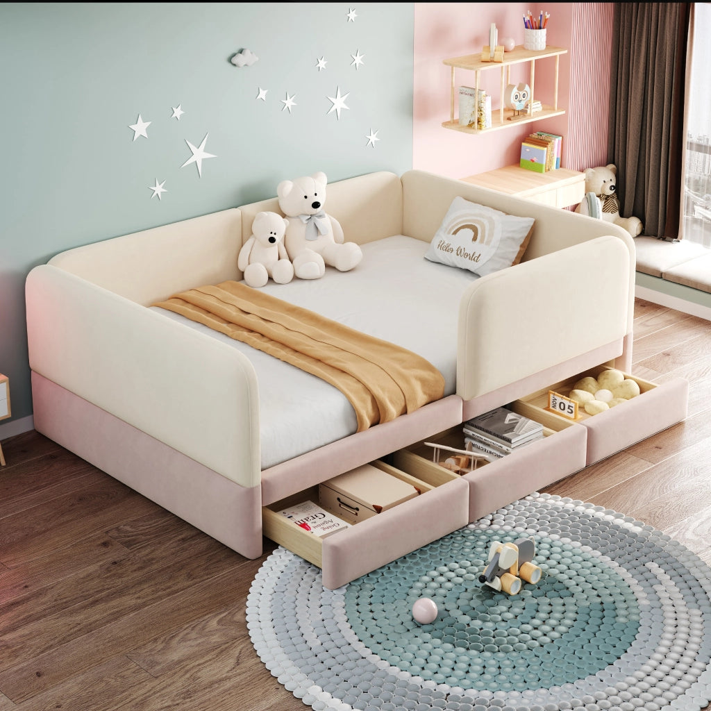 Letto imbottito per bambini 140x200 cm con parapetto perimetrale; bordi arrotondati e ampio cassetto; velluto rosa