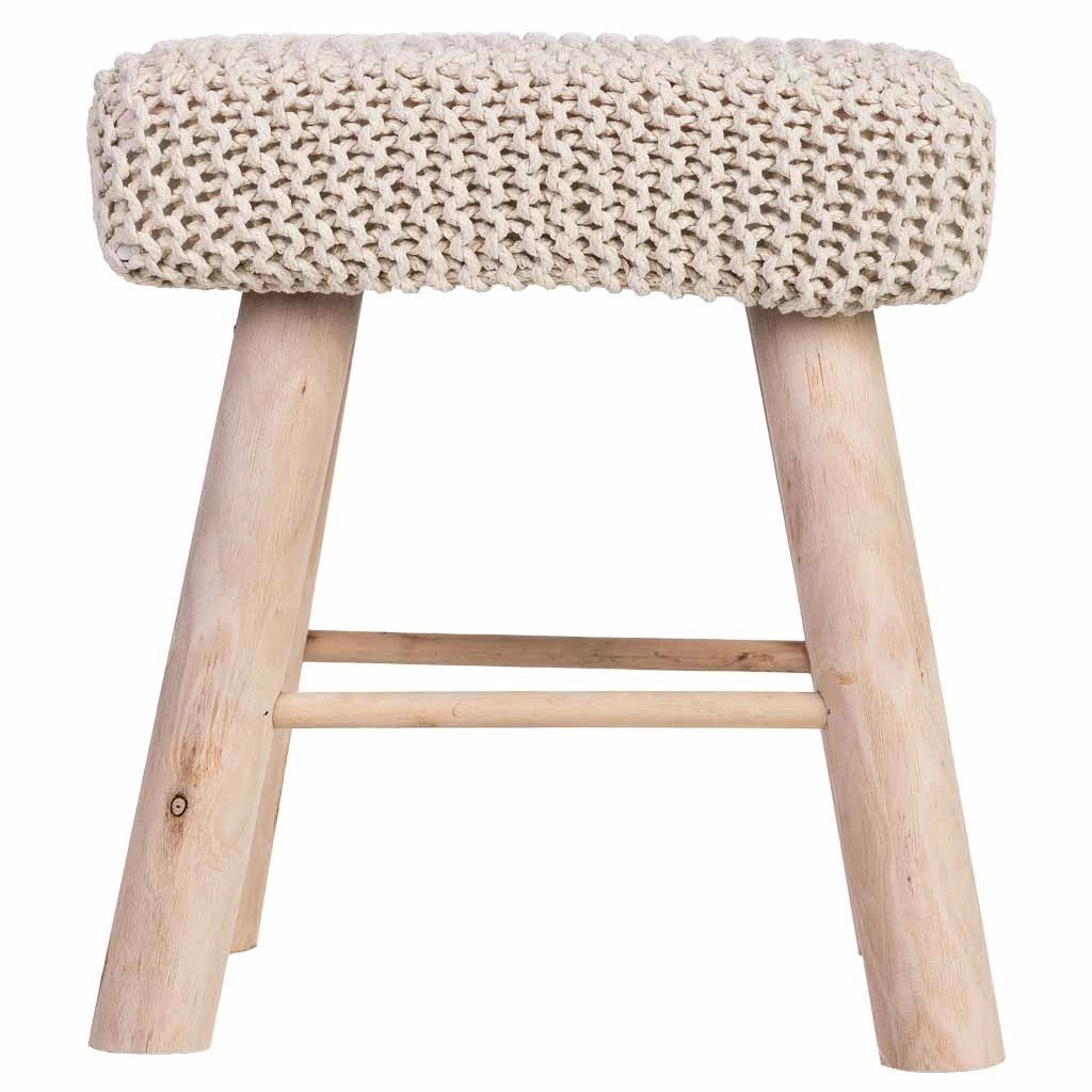 Sgabello in cotone intrecciato e legno bianco 26x39x44h cm