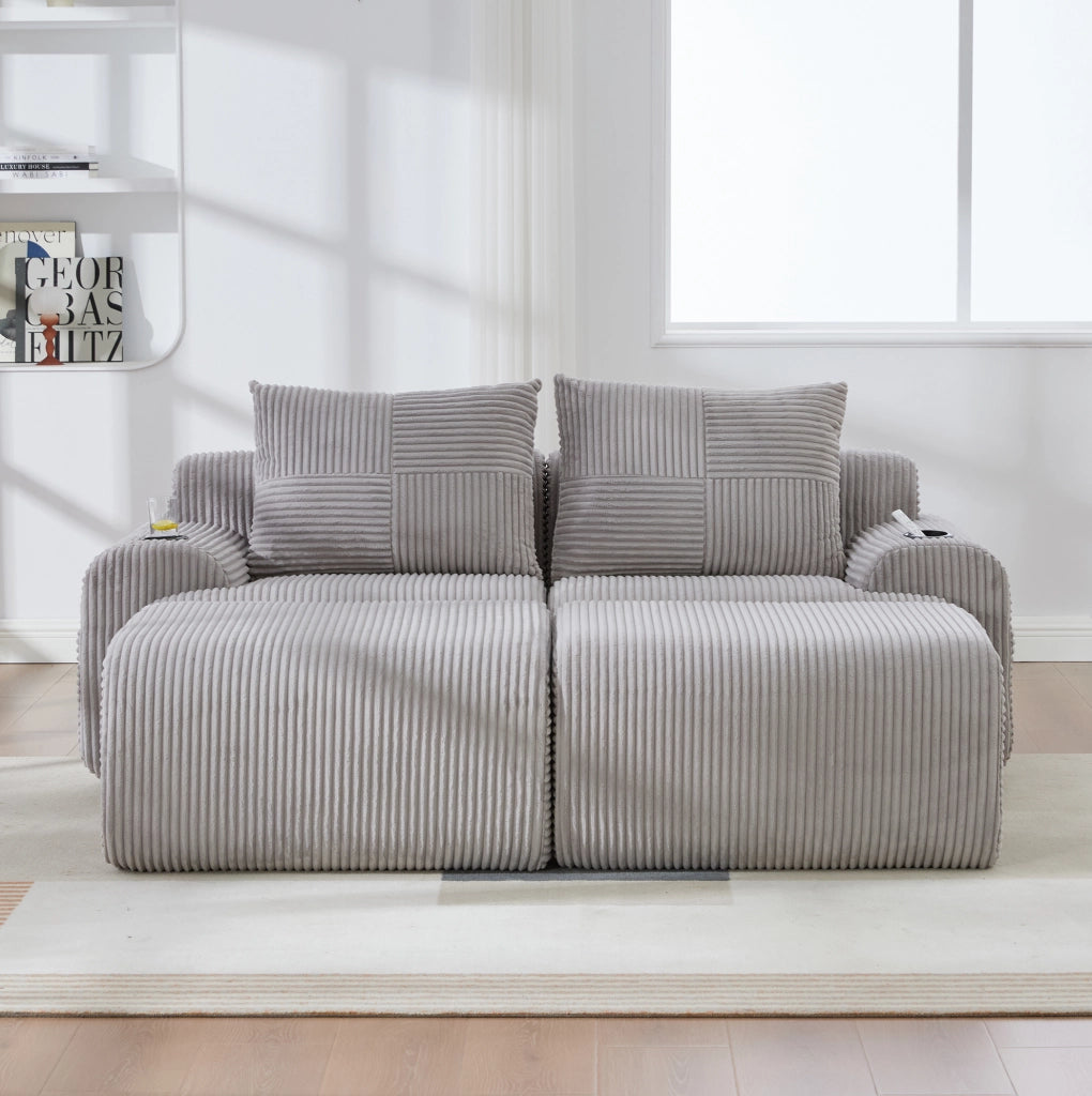Divano modulare 2 posti 200x174x80 cm in velluto a coste; grigio chiaro con portabicchieri