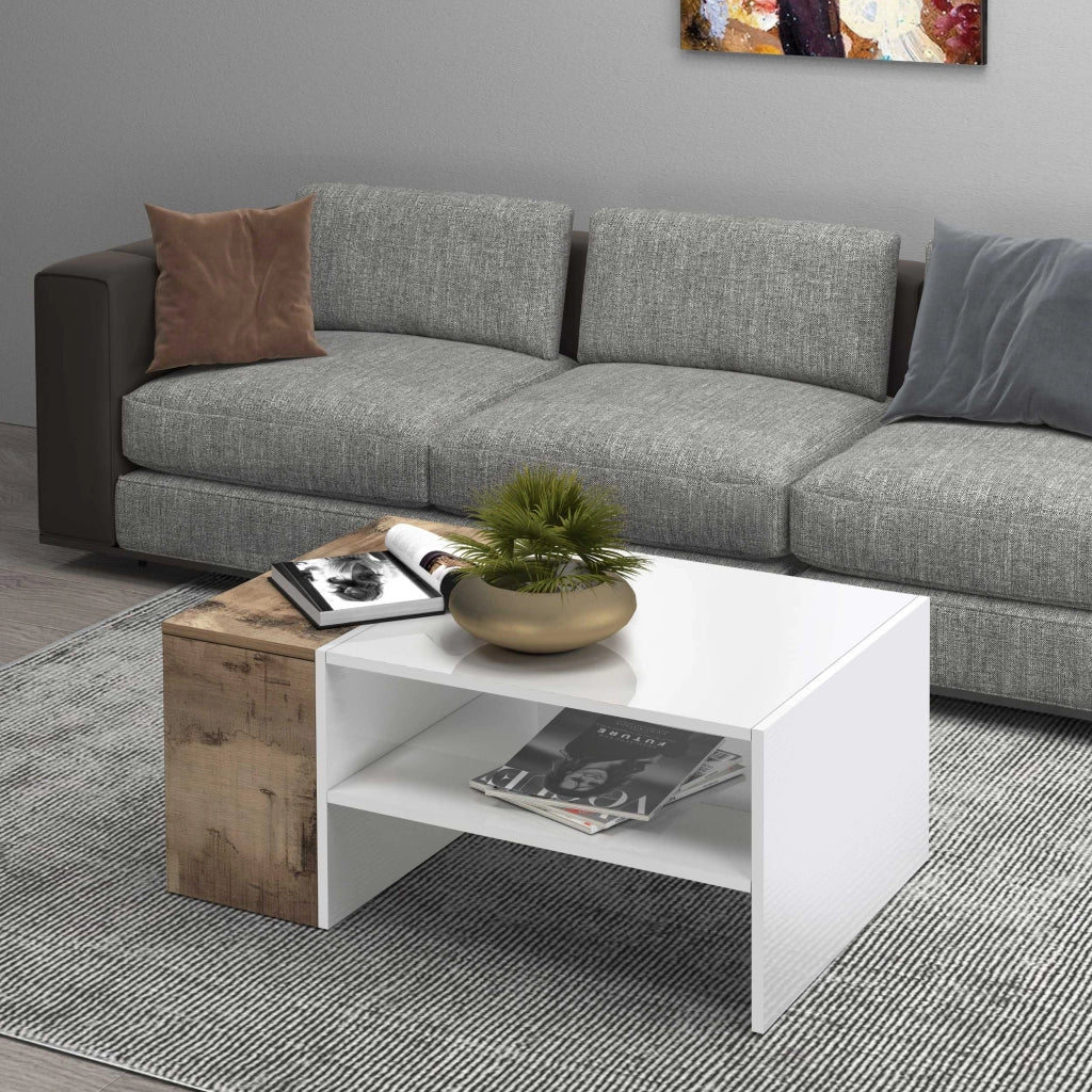 WHOUS Tavolino da caffè Corona con 1 vano contenitivo bianco e acero pereira 90x60x40 cm