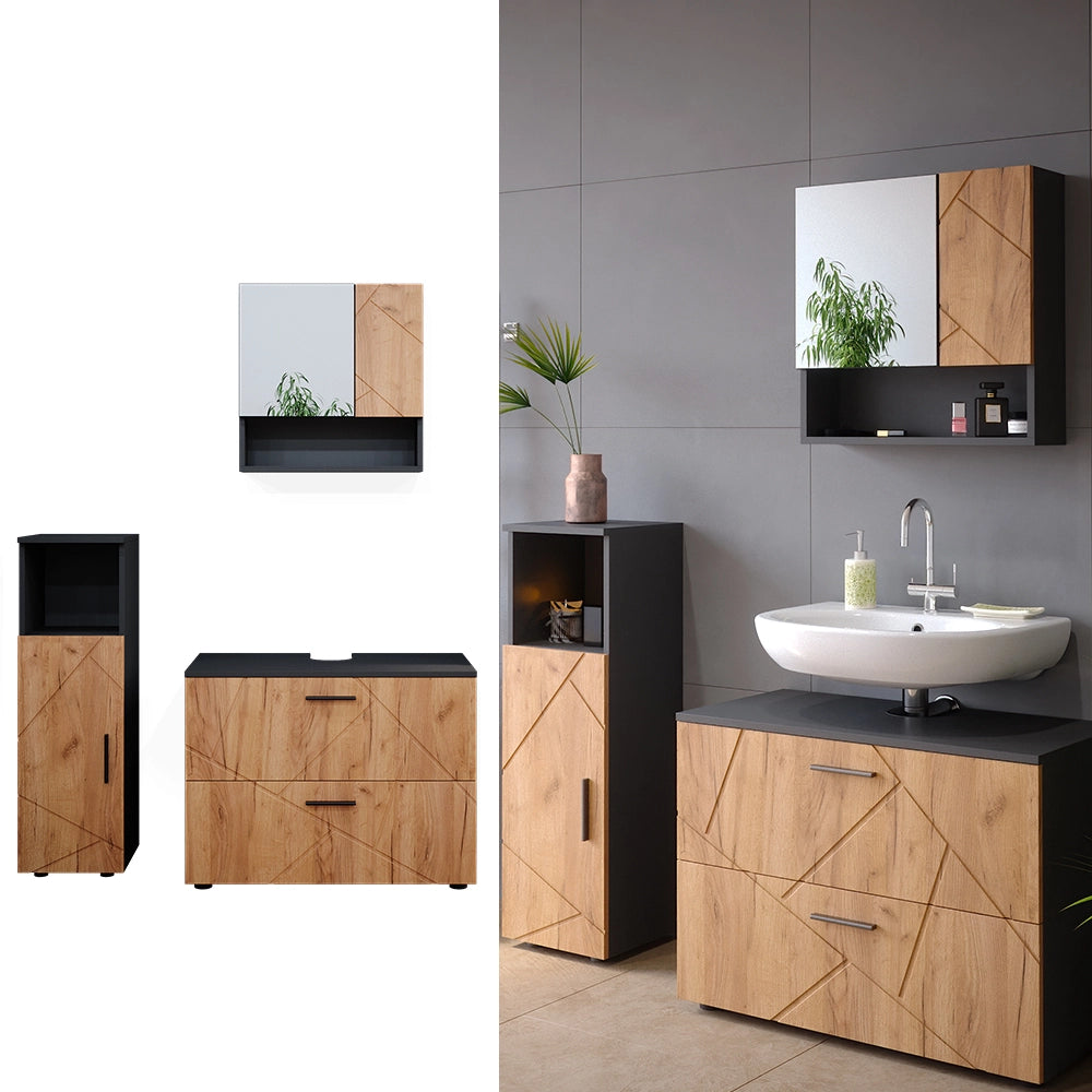 Vicco Set mobili bagno Quercia dorata/antracite 3 parti, con mobile midi