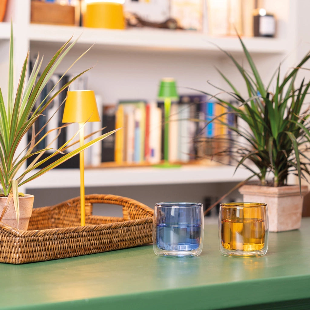 No Bilia Set 4 Bicchieri Vetrocamera Tumbler Borosilicato Doppia Parete Trasparente e Giallo Oro Design Contemporaneo Elegante Alta Resistenza
