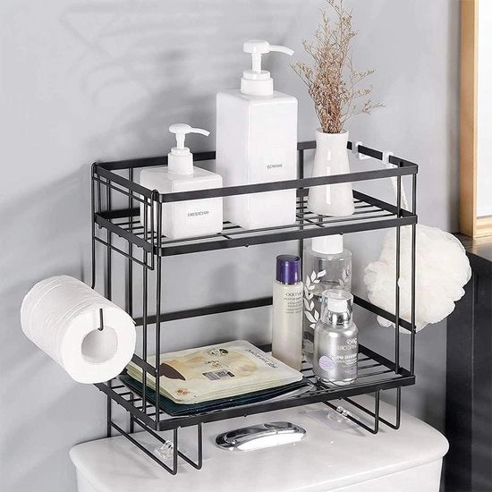 Organizzatore 2 livelli per la camera da bagno sopra il water - organizzatore con ganci per carta igienica - base adesiva - foratura libera - pannello nero Opbergrek