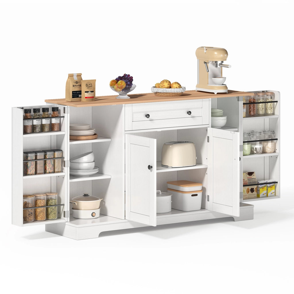 Credenza moderna 138 cm con cassetto, ante e ripiani regolabili, MDF Natural/Bianco