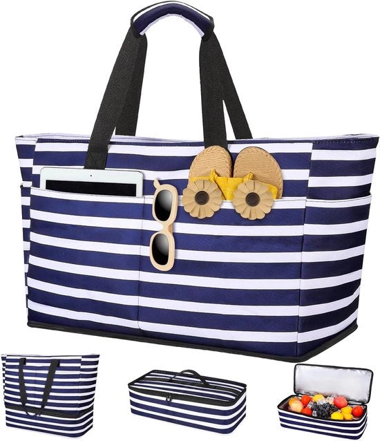 Tas per il mare grande con raffreddatore - Borsa acqua resistente e resistente al sabbia per signora e signore - Ripiegabile e leggera - Blu bianco - 49L