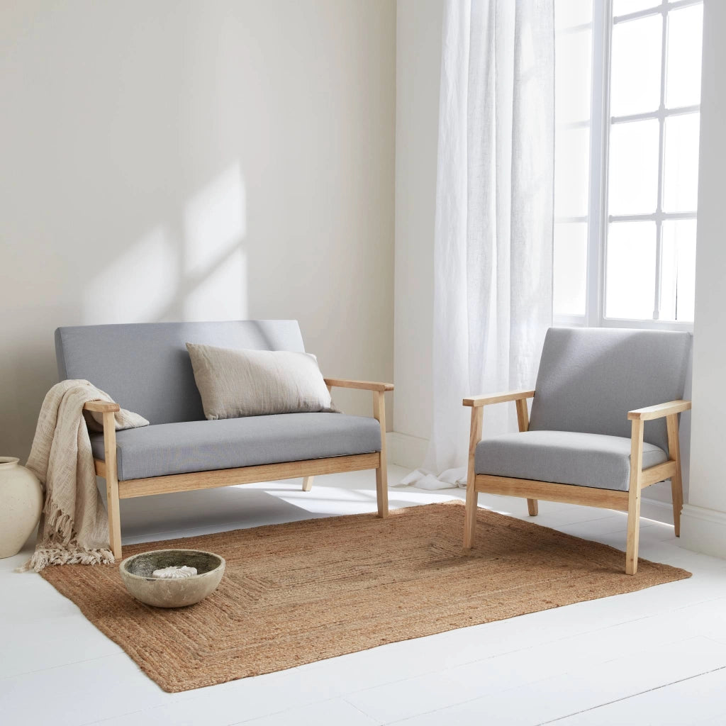 Set panca e poltrona in legno e tessuto, 3 posti, grigio chiaro