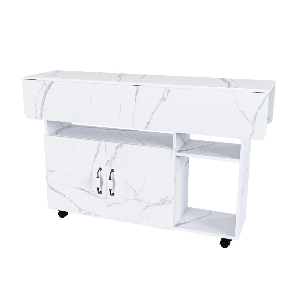 Tavolo pieghevole mobile 3 in 1 110x70x80 cm in MDF bianco con 5 ruote e vani portaoggetti