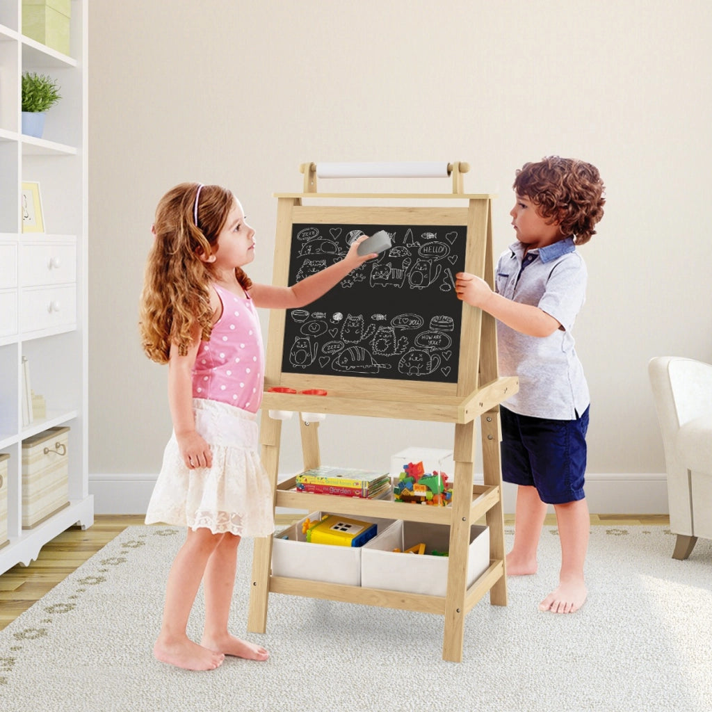 Cavalletto double face 3 in 1per bambini, Treppiede con lavagna bianca e nera e rotolo di carta Naturale-Cavalletti e lavagne bambini