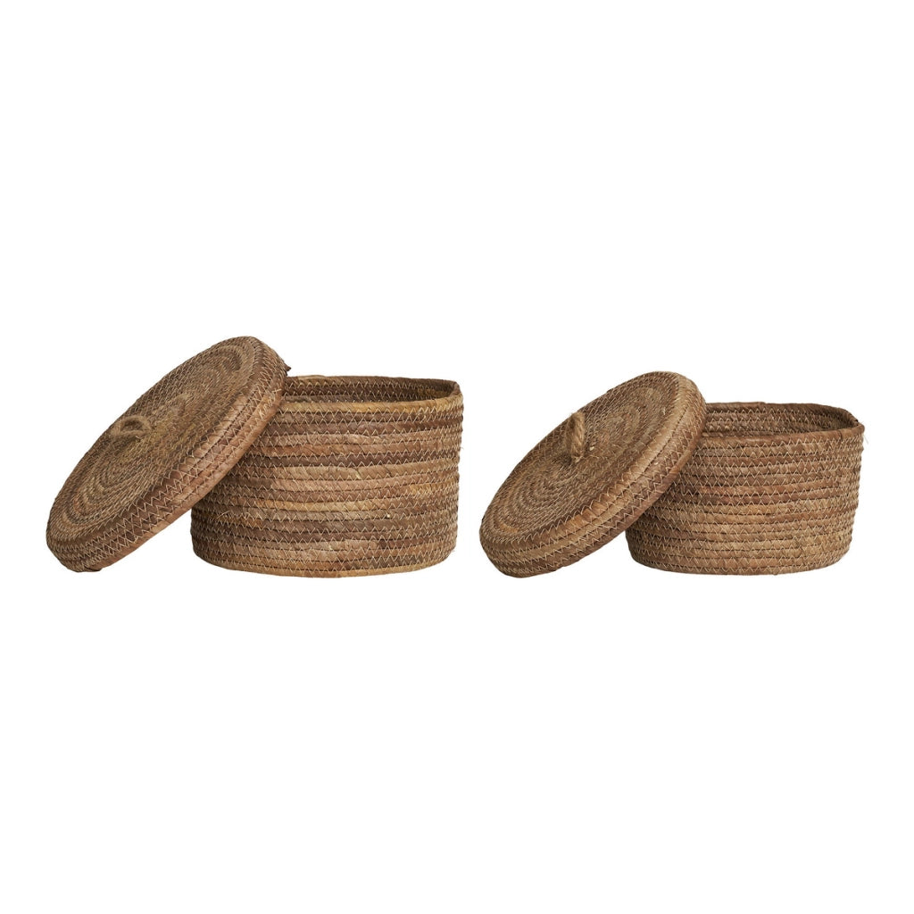 Set di 2 Cesti Portaoggetti Desio, Marrone, Foglie di Banano, 21x21x14 cm