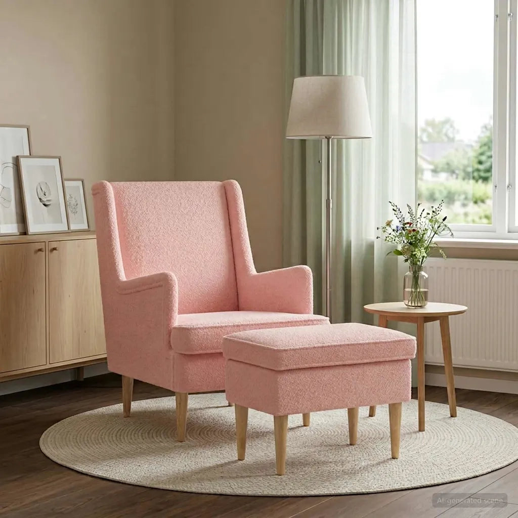 Poltrona con Ottomano 2 pz Rosa Bouclé 3418839