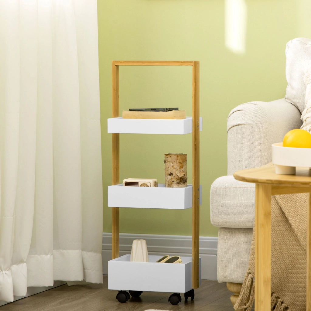 Carrello per Bagno con 3 Cestini e Ruote ¨C Zephmum ¨C Bamb¨´ 28x18x75 cm Bianco