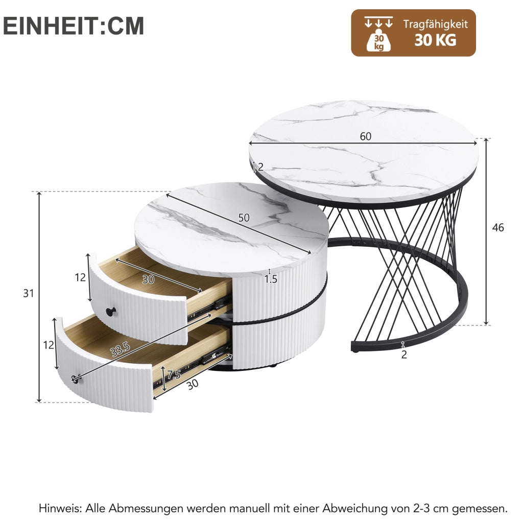 Set di 2 tavolini da caffè rotondi bianchi con 2 cassetti e finitura lucida
