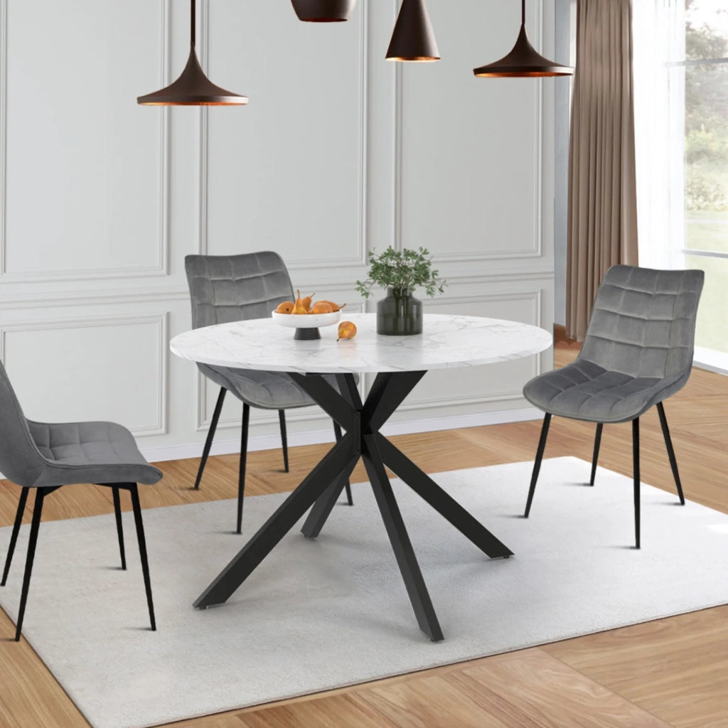 IDMarket - Tavolo da pranzo rotondo allungabile ALIX per 4-8 persone, con gambe a ragnatela nere e piano effetto marmo bianco ALASKA 110-15