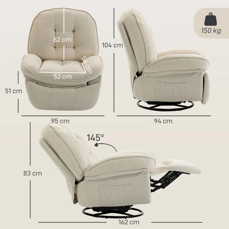 Poltrona relax girevole con funzione dondolo e reclinabile con tasche laterali in poliestere crema per salotto