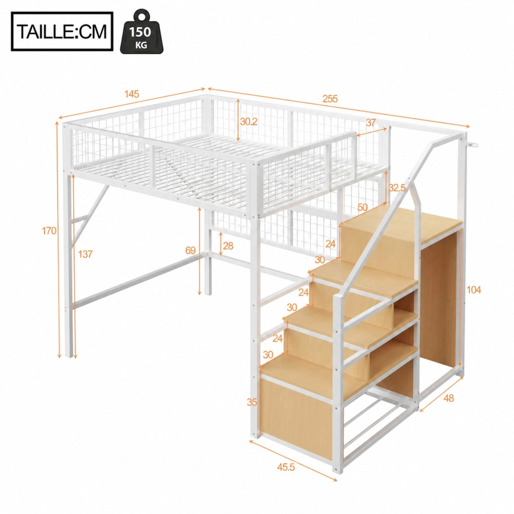 DESMIU Letto a Soppalco Matrimoniale con scala contenitore, armadio e LED regolabile, 140 × 200 cm, senza materasso