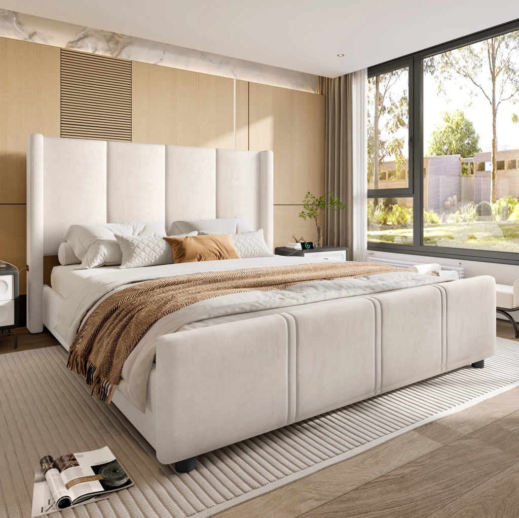 Letto imbottito 140x200 cm con testiera alta e porte USB/Type-C; rivestimento in velluto beige
