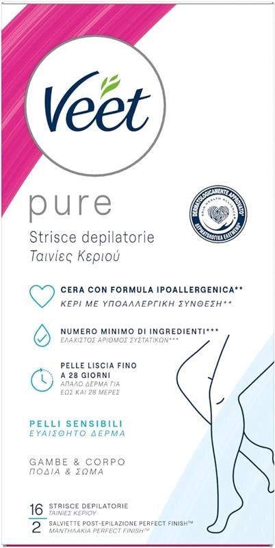 VEET STRISCE DEPILATORIE VISO + CORPO E ZONA BIKINI IPOALLERGENICHE16 STRISCE + SALVIETTE POST-EPILAZIONE
