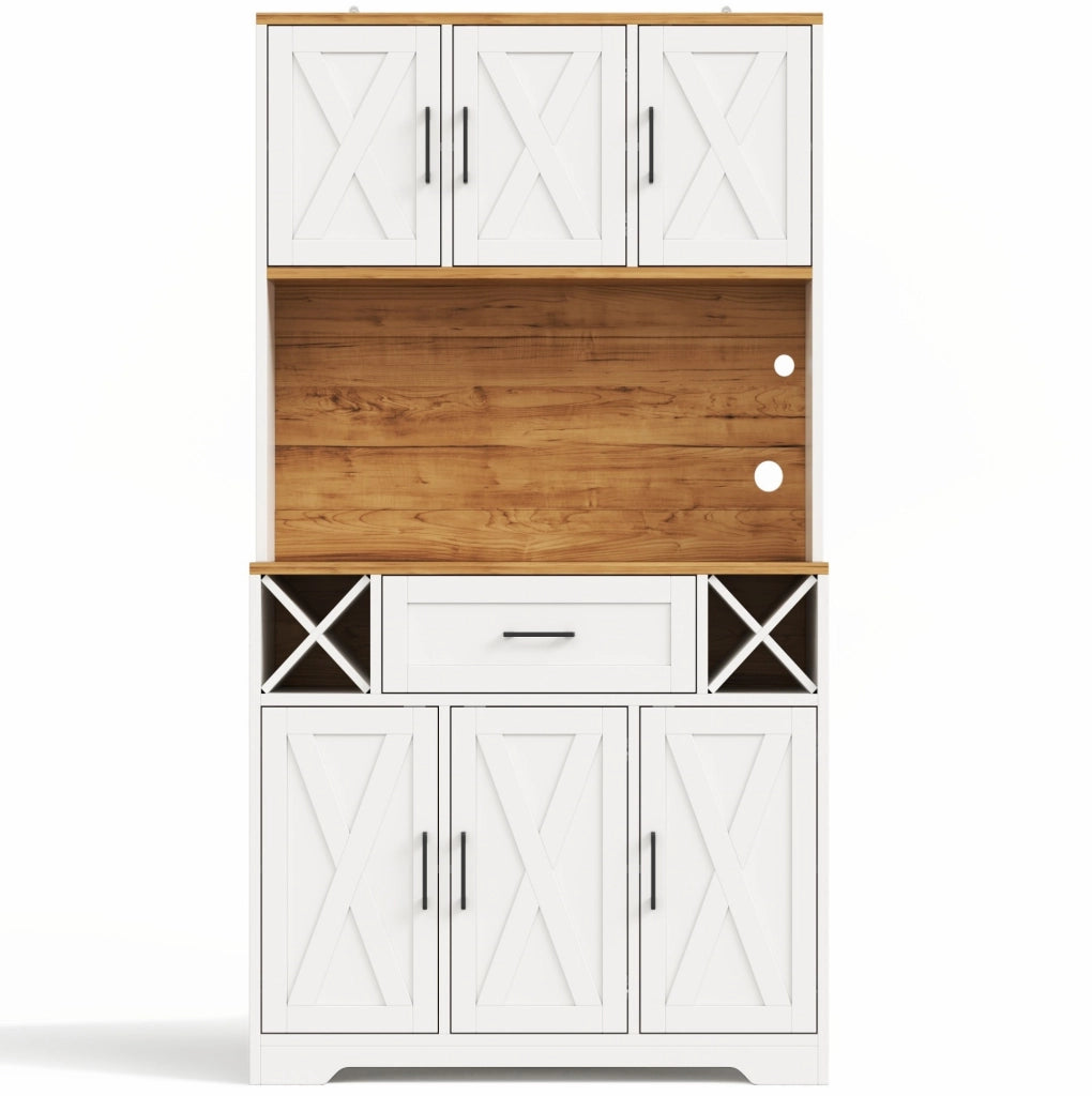 Credenza cucina alta con LED RGB; prese e portasvino; 105x40x180 cm; MDF bianco naturale