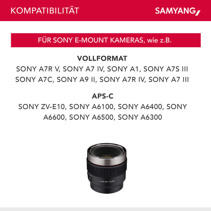Obiettivo video V-AF 45 mm T1,9 FE compatibile con Sony E, per videocamera, con autofocus risoluzione 8K e Tally lamp, alta intensità luminosa per full-frame e APS-C