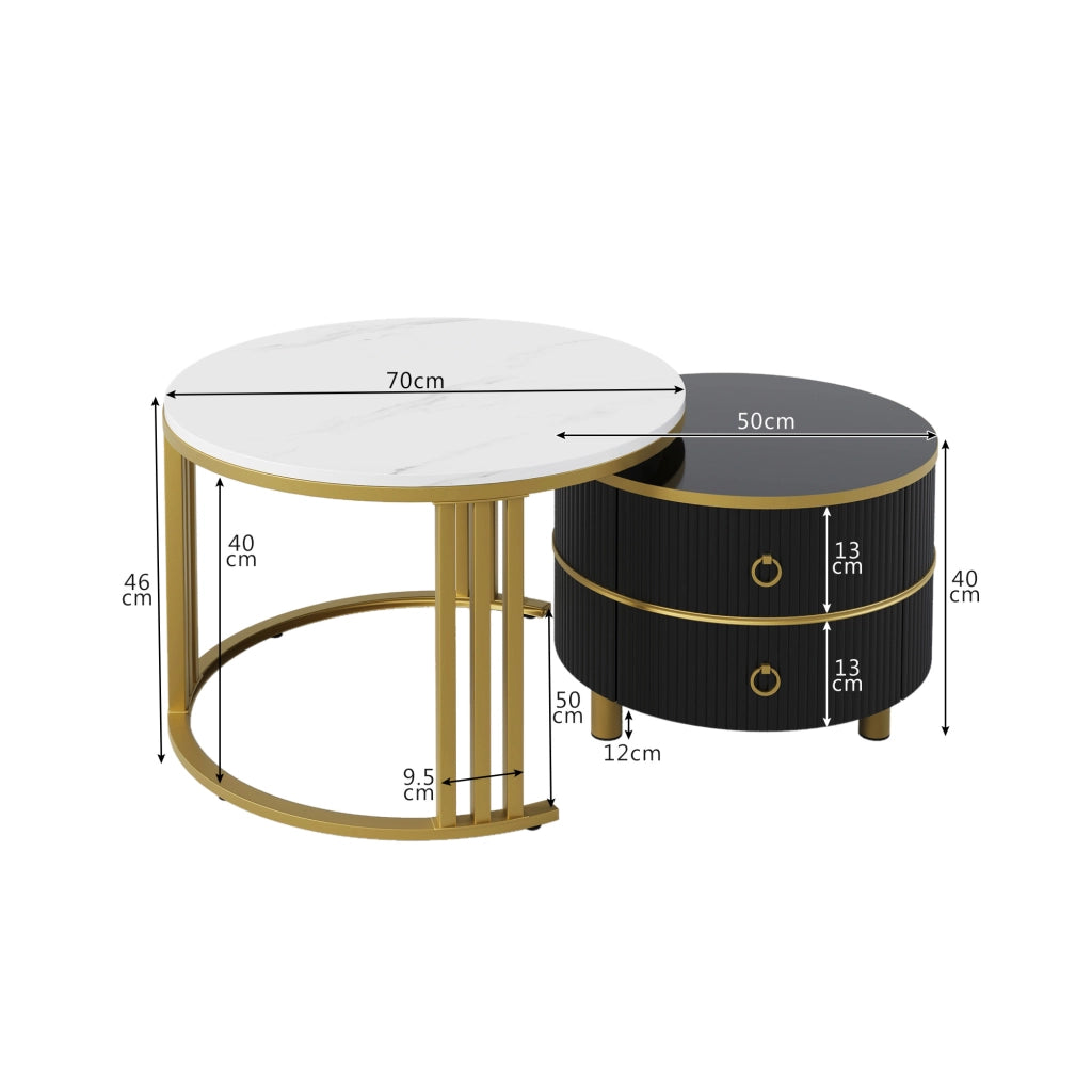 Tavolini da caffè rotondi 70x70x46 cm e 50x50x40 cm; piano lucido con effetto marmo; MDF nero