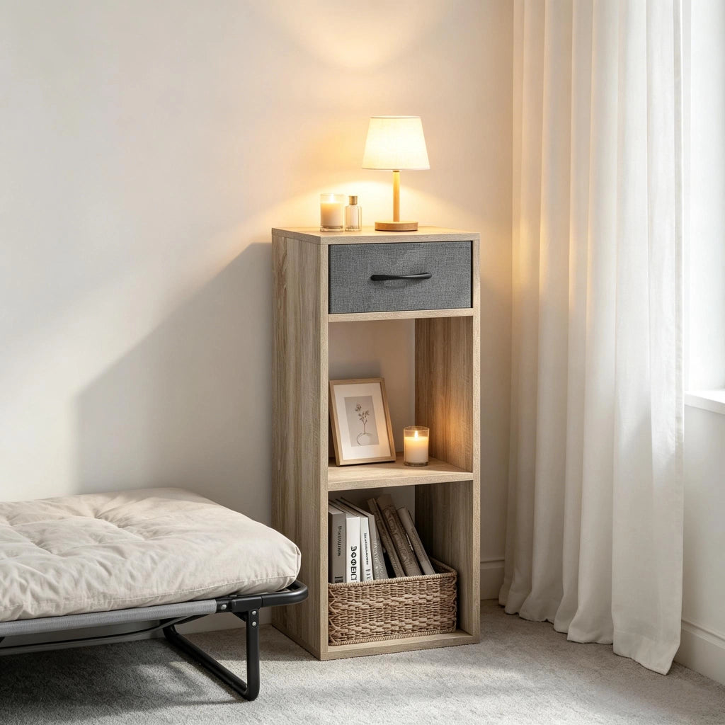 Libreria a cubi da terra con cassetto, 3 ripiani, legno ingegnerizzato, grigio/rovere chiaro