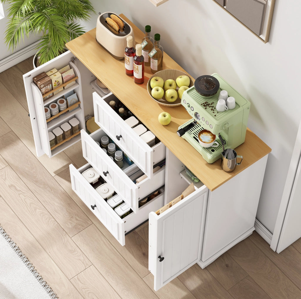 Credenza 126x40x86 cm con 3 cassetti e ripiani regolabili; MDF bianco