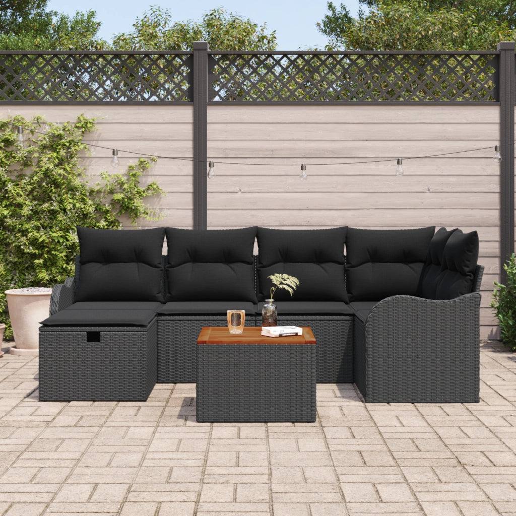 Set Divano da Giardino da 7 Pezzi con Cuscini Polyrattan Nero