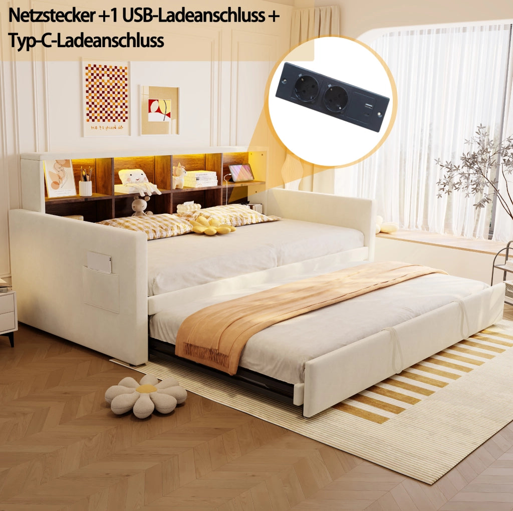 Letto imbottito estraibile 90 x 190 cm in velluto beige con LED e prese