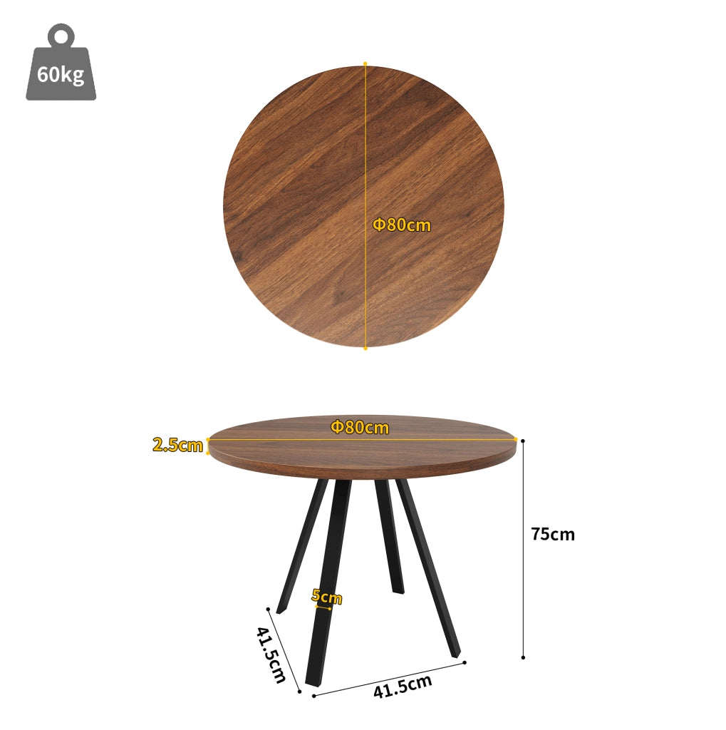 Tavolo da pranzo rotondo 80x80x75 cm in MDF e metallo; noce e nero