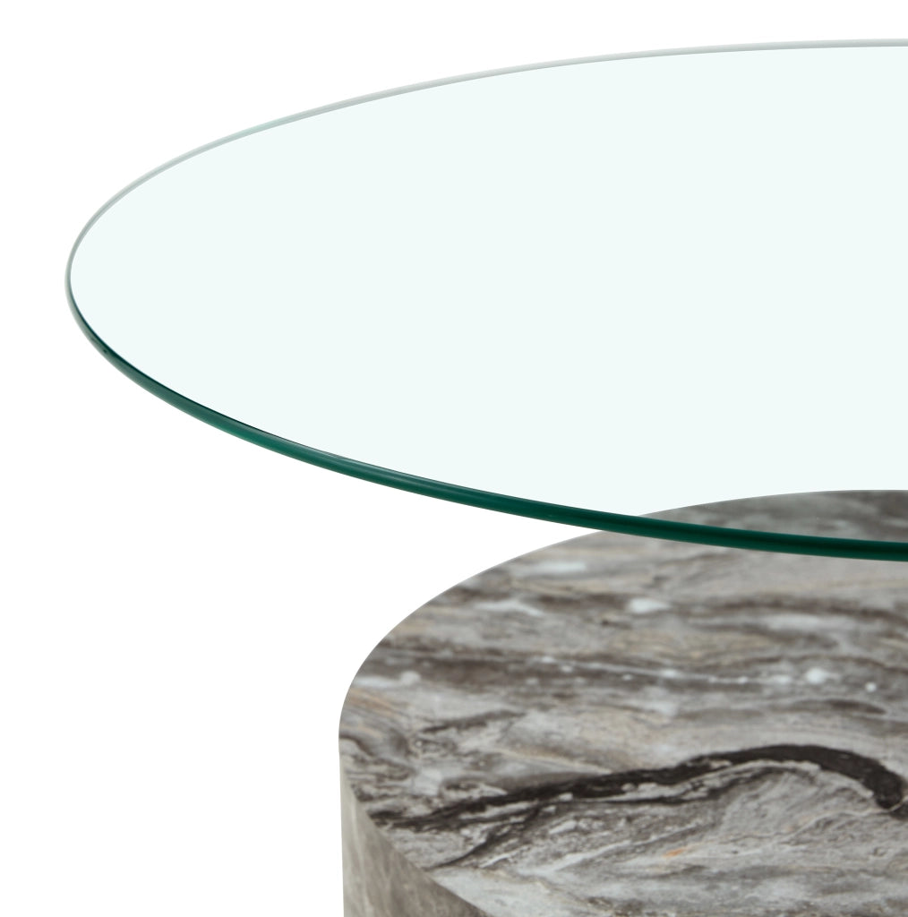 Tavolino da caffè con doppio piano in vetro e base effetto marmo; MDF e vetro; grigio