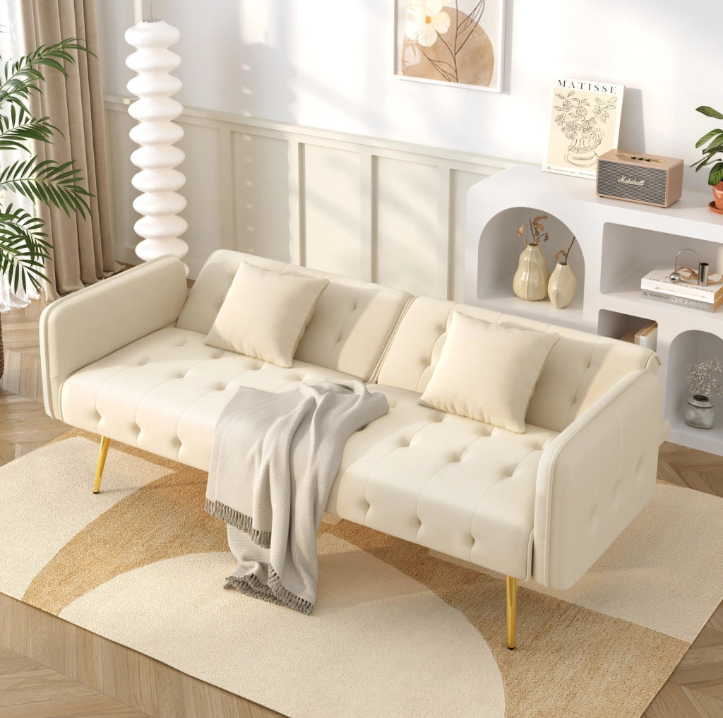 Divano letto a 2 posti convertibile 215x81;5 cm in velluto beige con schienale regolabile