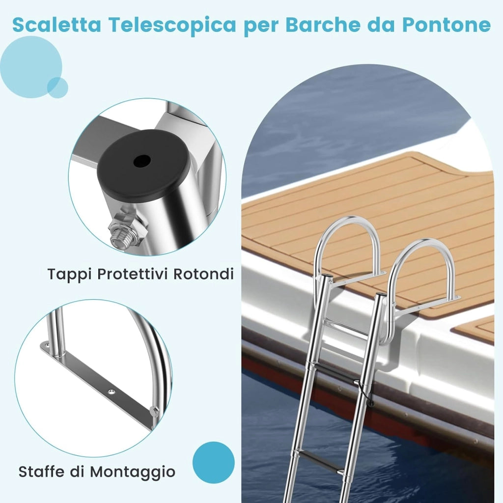 Scaletta per Piscina con 4 Gradini, Scala per Barca Pieghevole con Corrimano e Gradini Antiscivolo, Multisuo, in Acciaio Inox, Carico 227 kg