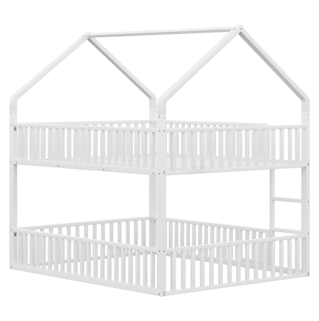 Letto a castello 140x200 cm a forma di casa con scala e porta in metallo bianco