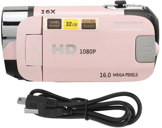 1080P Digitale Camera 16MP – 2.4 Pollici Schermo Girevole con 16x Zoom e Illuminazione – Registrazione Video HD con Funzione Ricarica, Modalità Selfie e Supporto Microfono Esterno - Registratore di Video - Videocamera - Rosa