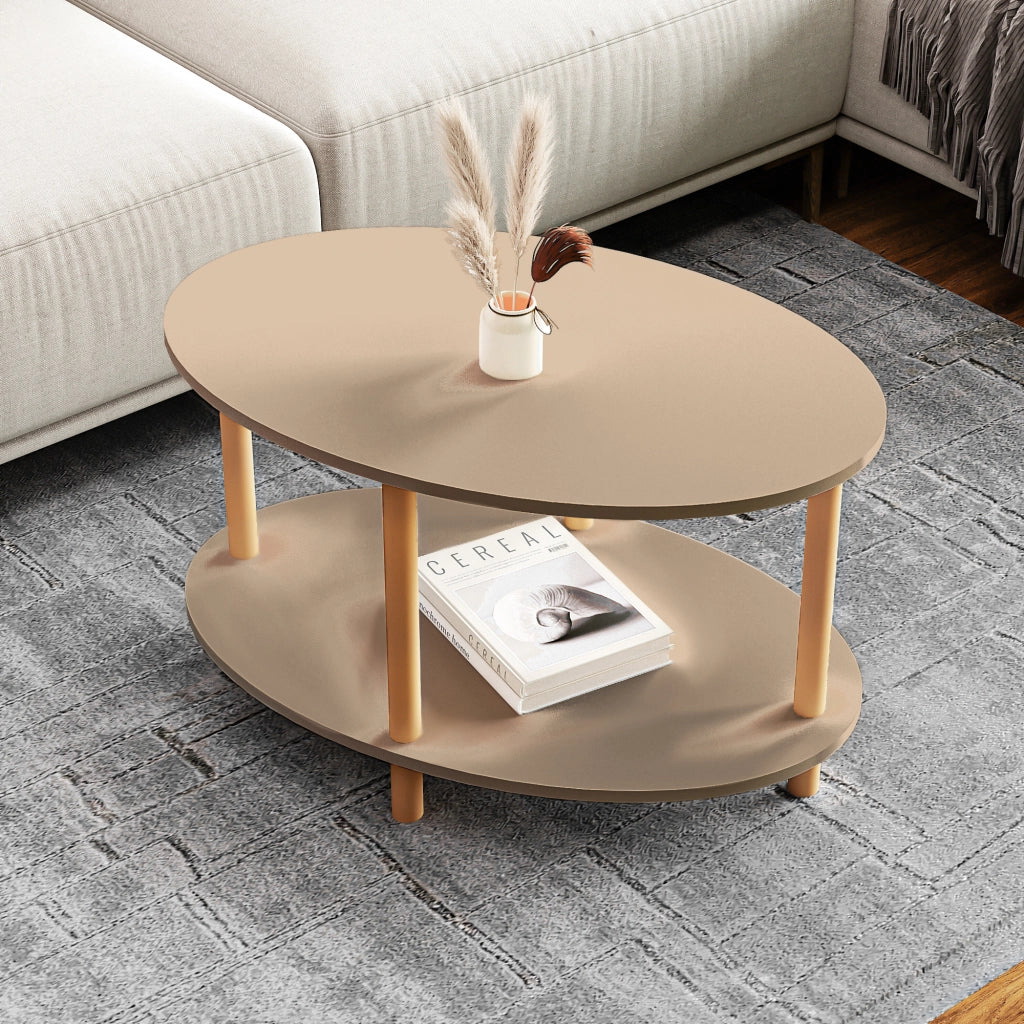 Tavolino Basso da Salotto 'Højreby' con Gambe in Legno e Piano Ovale - Cappuccino [en.casa]