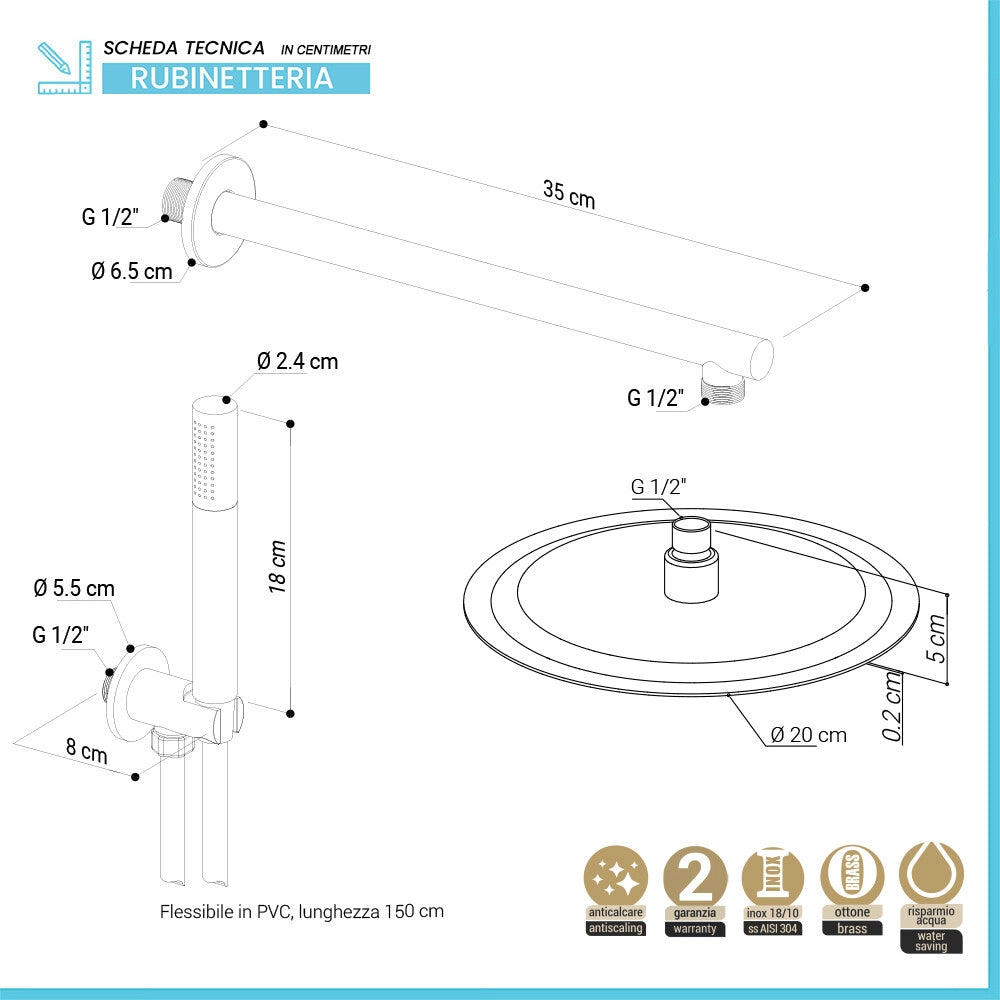Set doccia completo con soffione tondo slim diametro 20 cm braccio e kit doccino in ottone cromo lucido
