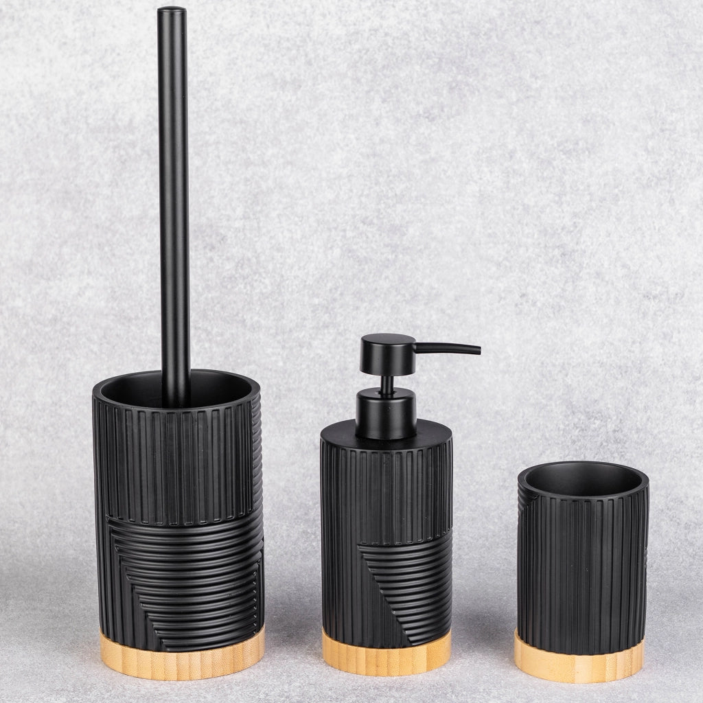 Set da bagno KADAX: scopino da bagno, dispenser per WC, bicchiere, legno nero, 3 in 1